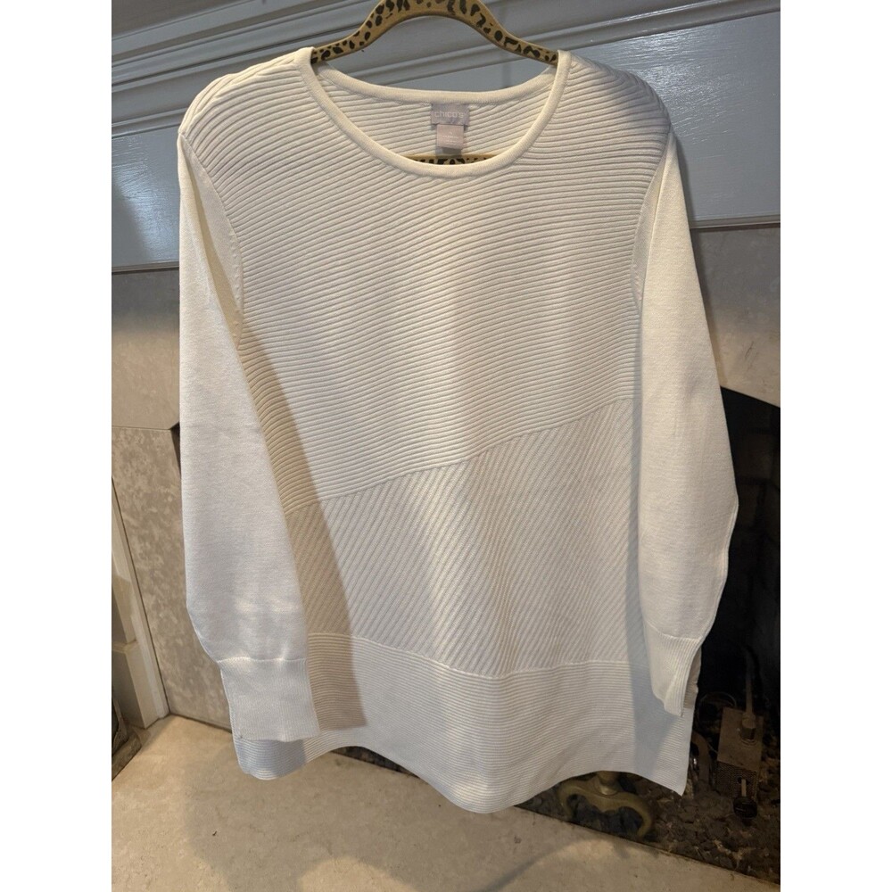 Chico’s Pullover Tunic Ribbed Sweater With Asymmetrical Hem In Ecru Size XXL